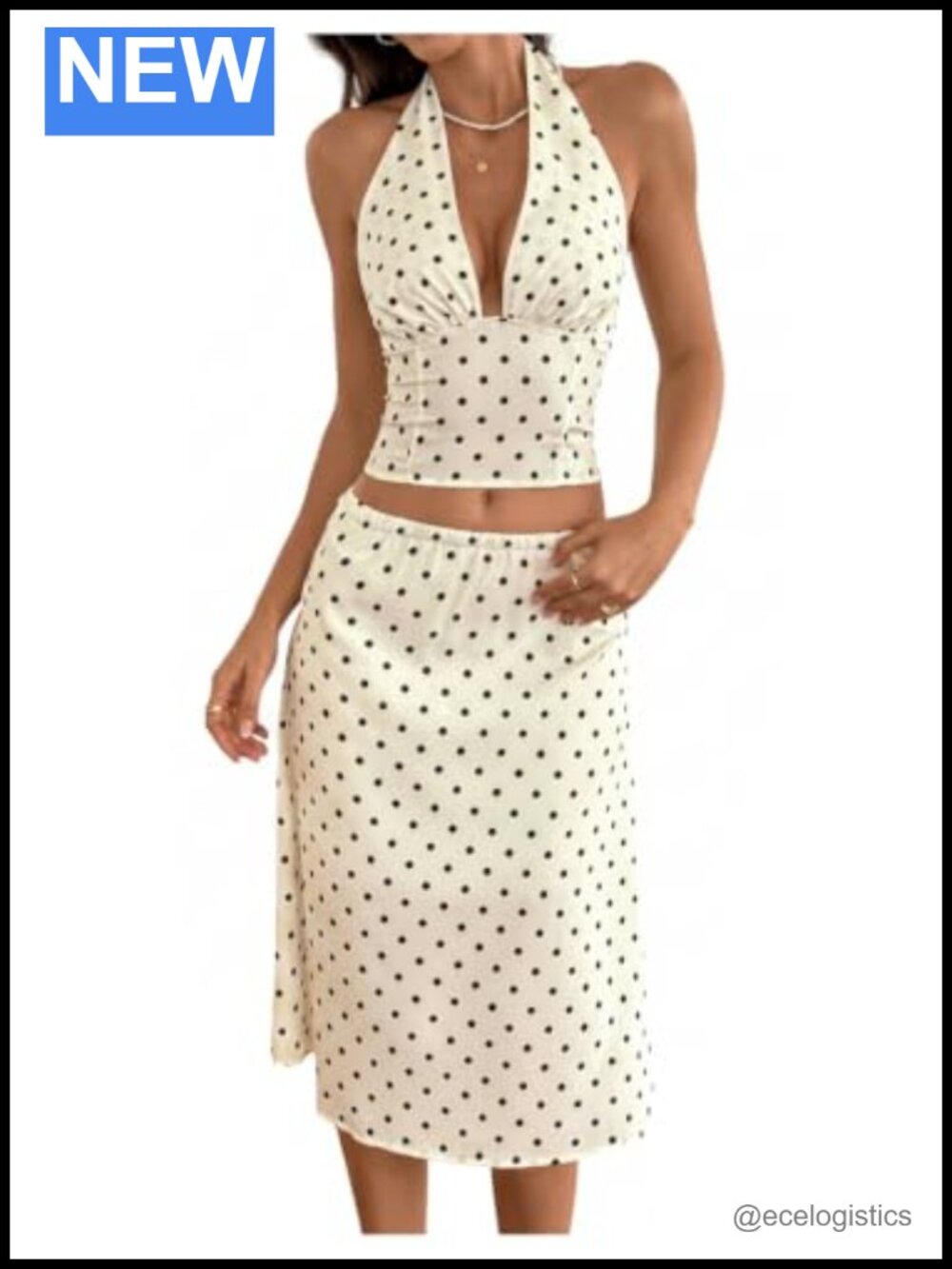 Women's 2pc Polka Dot Halter Top & Midi Skirt Set Backless Tie Back